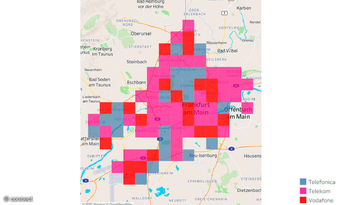 Mobilfunknetztest 2026: Kachel-Karte Empfang Frankfurt am Main