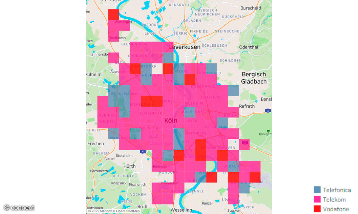 Mobilfunknetztest 2026: Kachel-Karte Empfang Köln