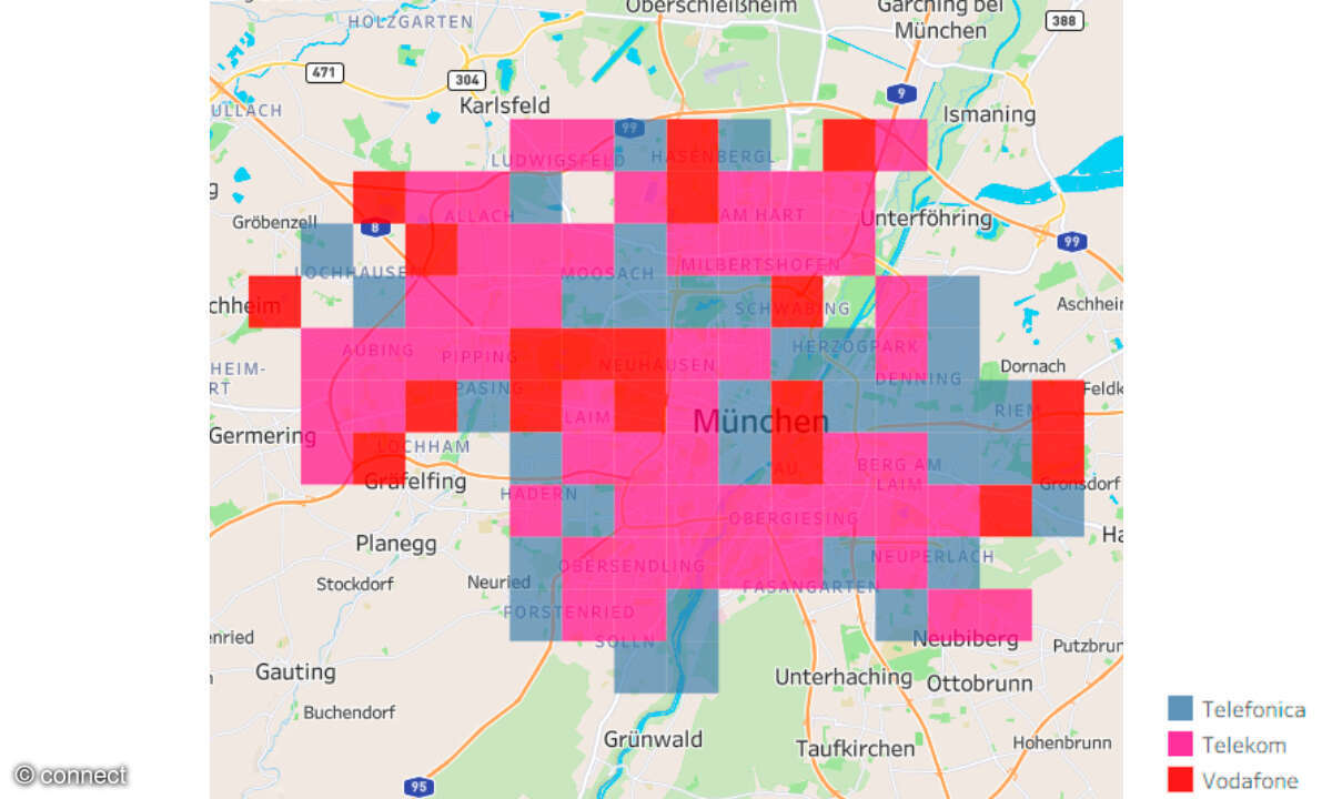 Mobilfunknetztest 2026: Kachel-Karte Empfang München