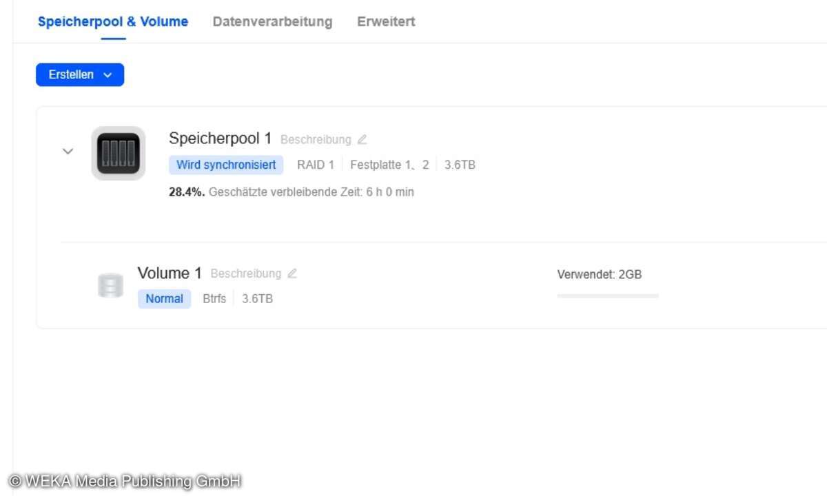 Die geschätzte Wartezeit für die Erstellung des Speicherpools samt Sync wurde im Test erstaunlich genau angegeben.