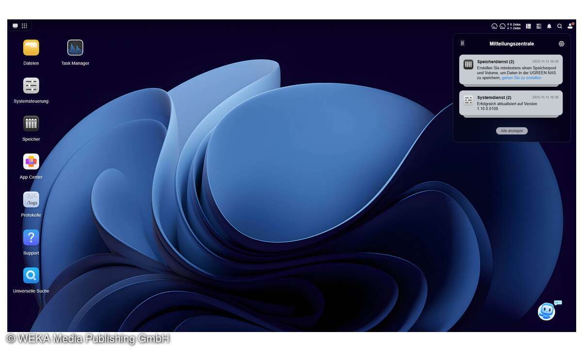 UGOS PRO: Der Default-Bildschirm mit ersten Systemmeldungen