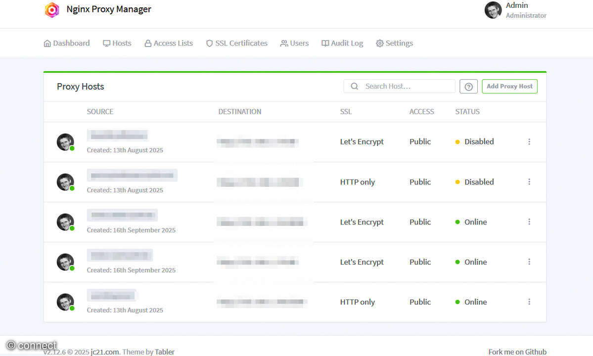 Self-Hosting-Lösungen: Screenshot Reverse-Proxy-Manager