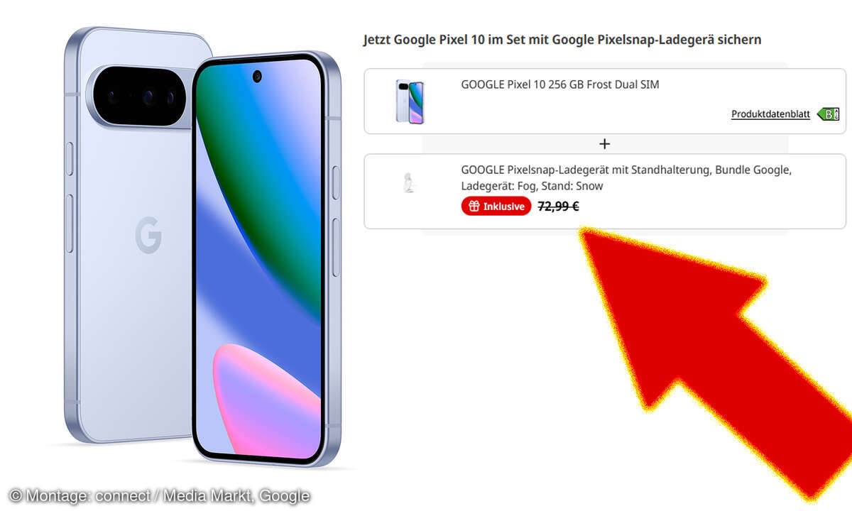 Der MediaMarkt verschenkt Speicherplatz fürs Pixel 10. Dazu gibt es ein offizielles Ladegerät.