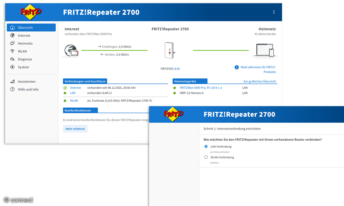 Fritz!Repeater 1700 und 2700 im Test: Screensht Satartseite u. Auswahl bei Installation