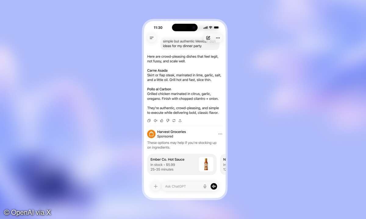 OpenAI zeigt ein Beispiel, wie Werbung in ChatGPT aussehen kann.