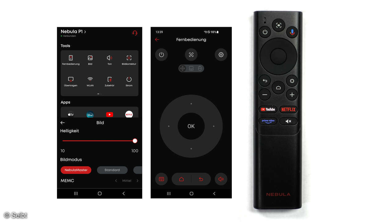 Wer seine Fernbedienung (rechts) zuhause vergessen hat kann den P1 auch mittels Nebula-connect-App steuern