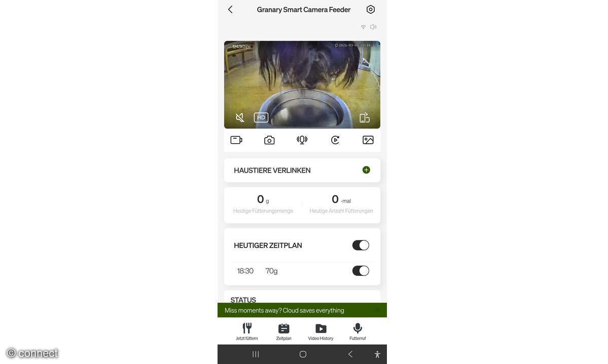 Granary Smarter Futterautomat mit Kamera im Praxistest: App Screenshot