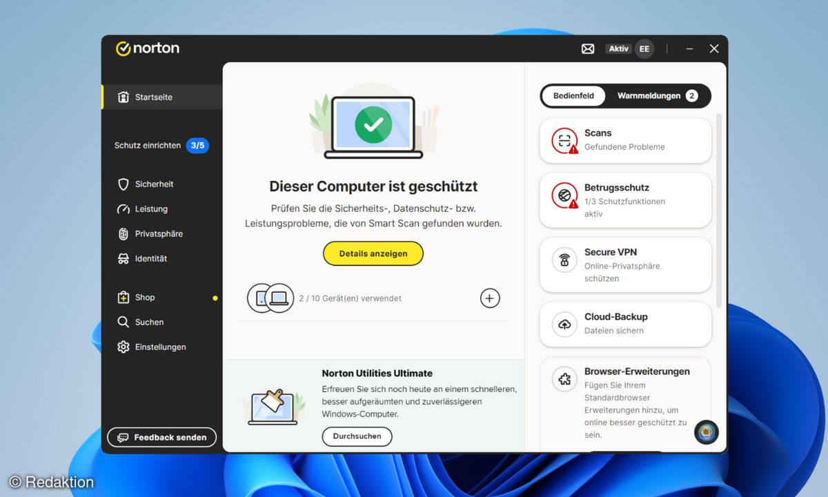 Norton 360 Advanced Startbildschirm