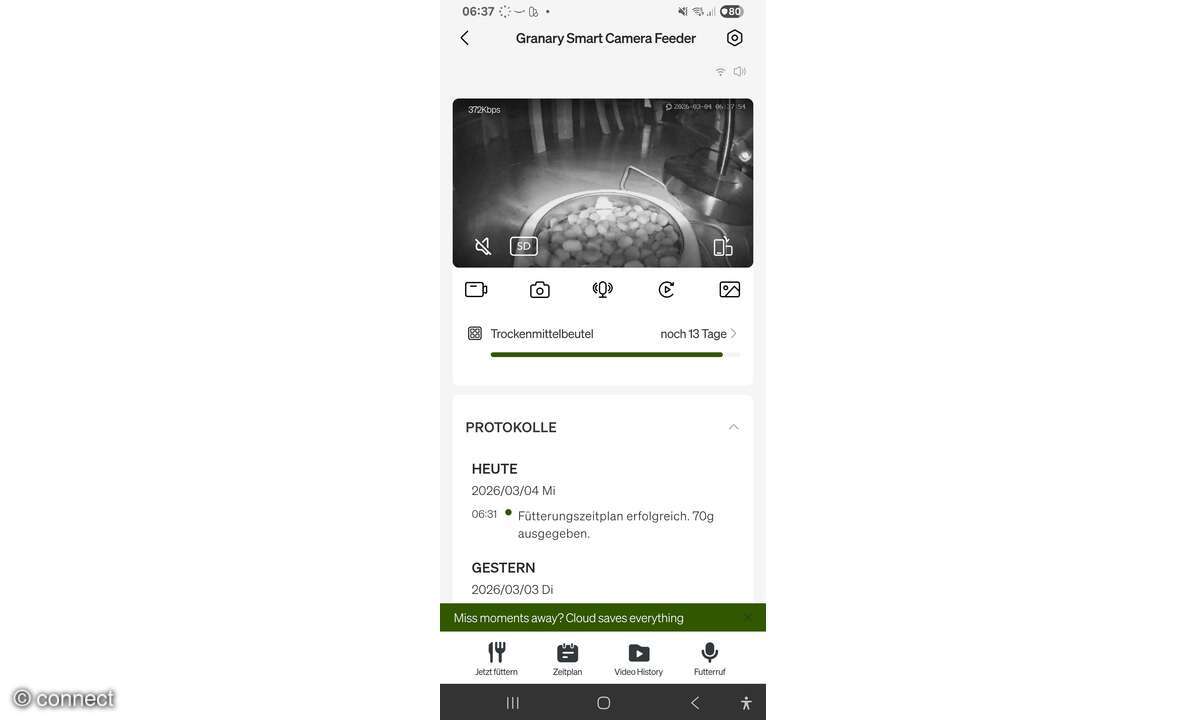 Granary Smarter Futterautomat mit Kamera im Praxistest: App Screenshot Nachtaufnahme