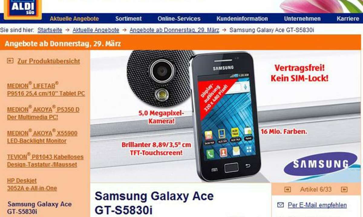 Samsung Galaxy Ace bei Aldi im Aktionsprogramm