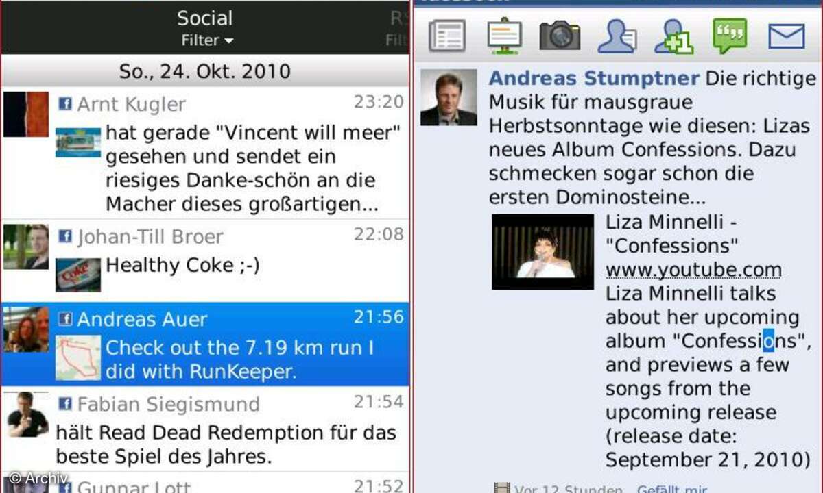 Vom Social Feed geht es per Klick direkt in das entsprechende Programm - hier Facebook.