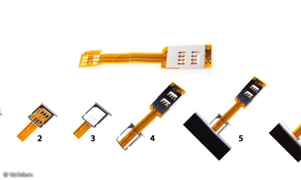 Und so funktioniert's: Kabel im iPhone-SIM-Schacht befestigen, zweite SIM-Karte auf den zweiten Slot legen und mit der Abdeckung verschließen, iPhone-Schacht samt anhängendem Kabel ins Smartphone stecken