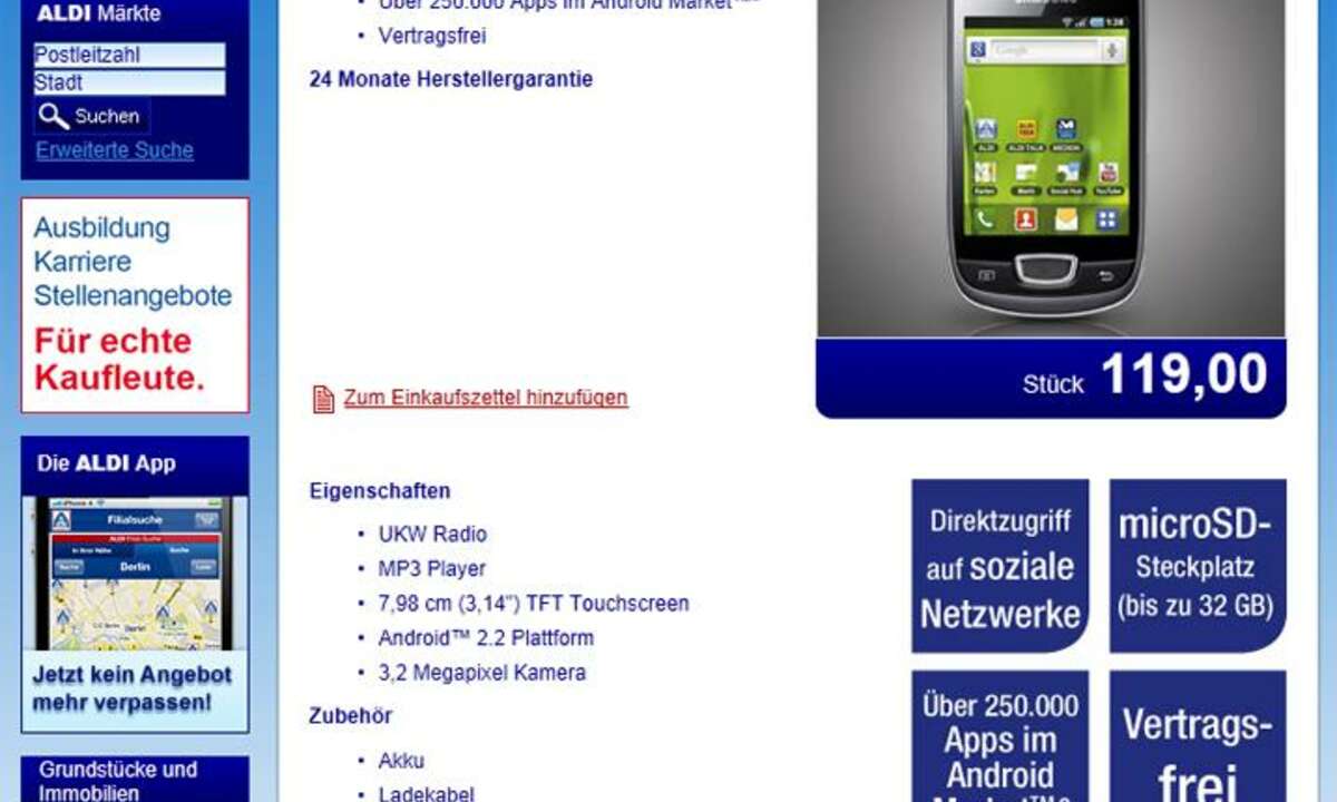 Aldi-Nord: Samsung Galaxy Mini im Angebot