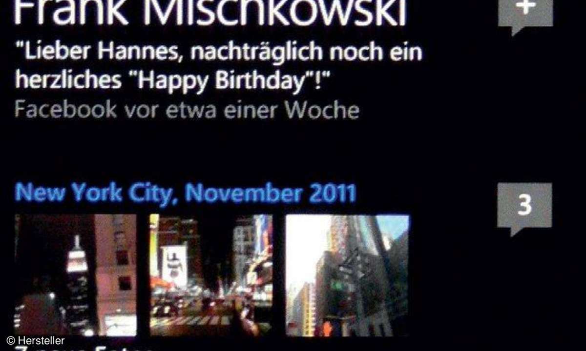 Soziale Kontakte: Statusmeldungen aus sozialen Netzen sind bei Windows Phone integraler Bestandteil der Detailinfos zu einem Kontakt - und zu Ihrem eigenen Profil.