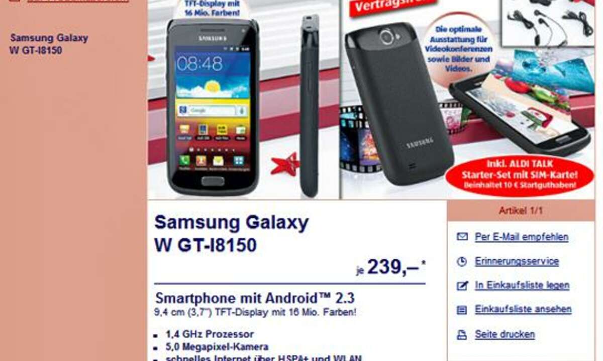 Aldi Süd-Aktion: Galaxy W bei Aldi-Süd