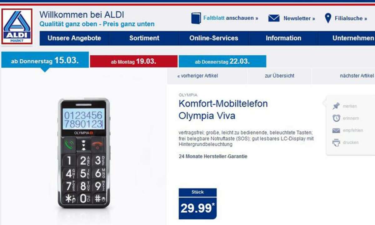 Aldi Nord: Seniorenhandy Olympia Viva für 29,99 Euro