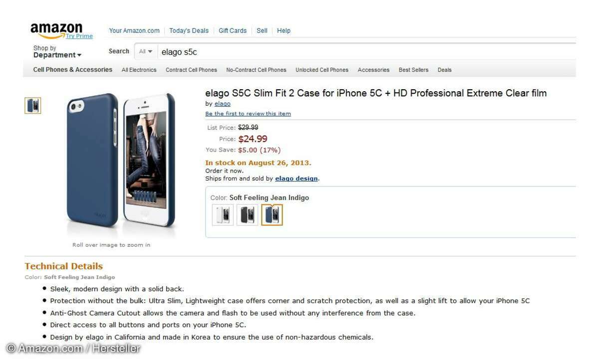 Eine Hülle für das iPhone 5C wurde bei amazon.com entdeckt.