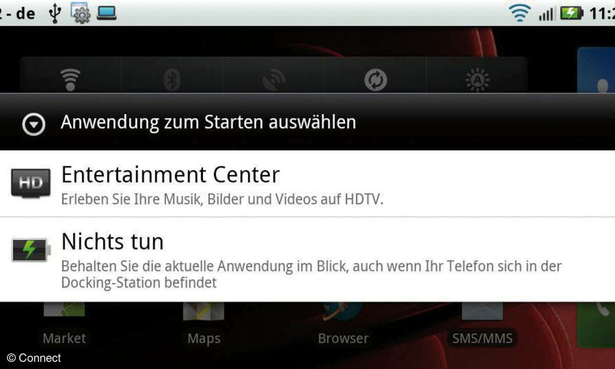 Wird das mitgelieferte HDMI-Kabel an das Atrix angeschlossen, erscheint die Auswahl für das Entertainment-Center.