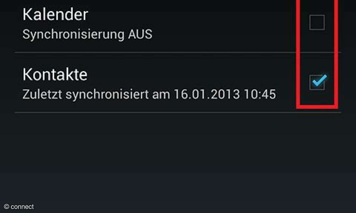 Kalender und Kontakte diverser Konten ein- und ausschalten