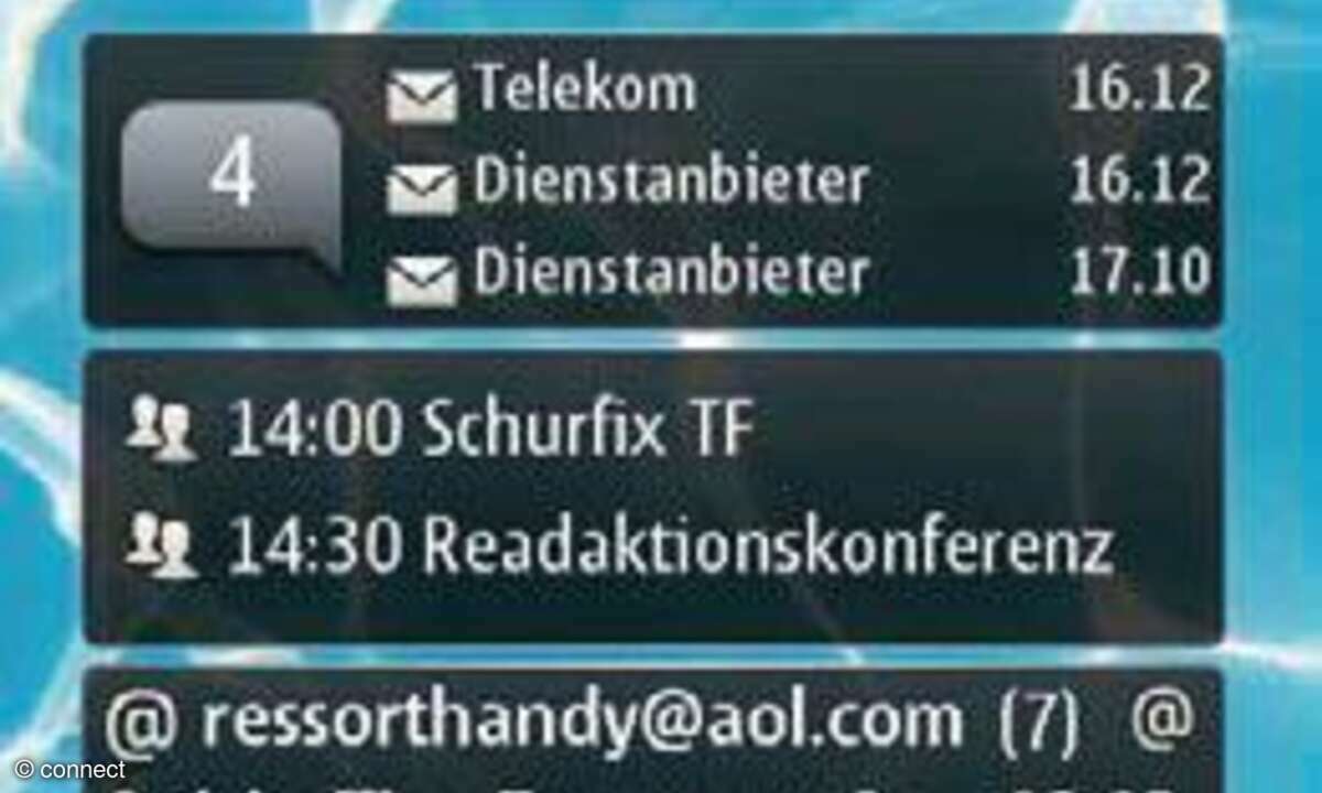 Der Startscreen des Nokia 500 lässt sich mit Widgets und Programmverknüpfungen auf die eigenen Bedürfnisse abstimmen.