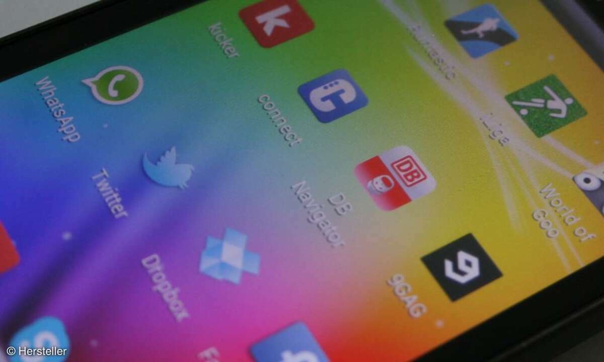 Runtastic, iLiga, World of Goo, connect, Kicker, DB-App, 9gag, WhatsApp, Dropbox, Twitter, Facebook, Skype, YouTube, HTC